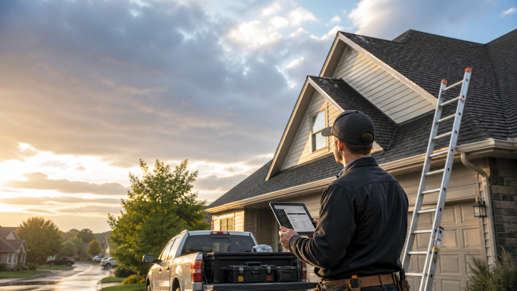 Roofing contractor inspecting a residential roof after a storm